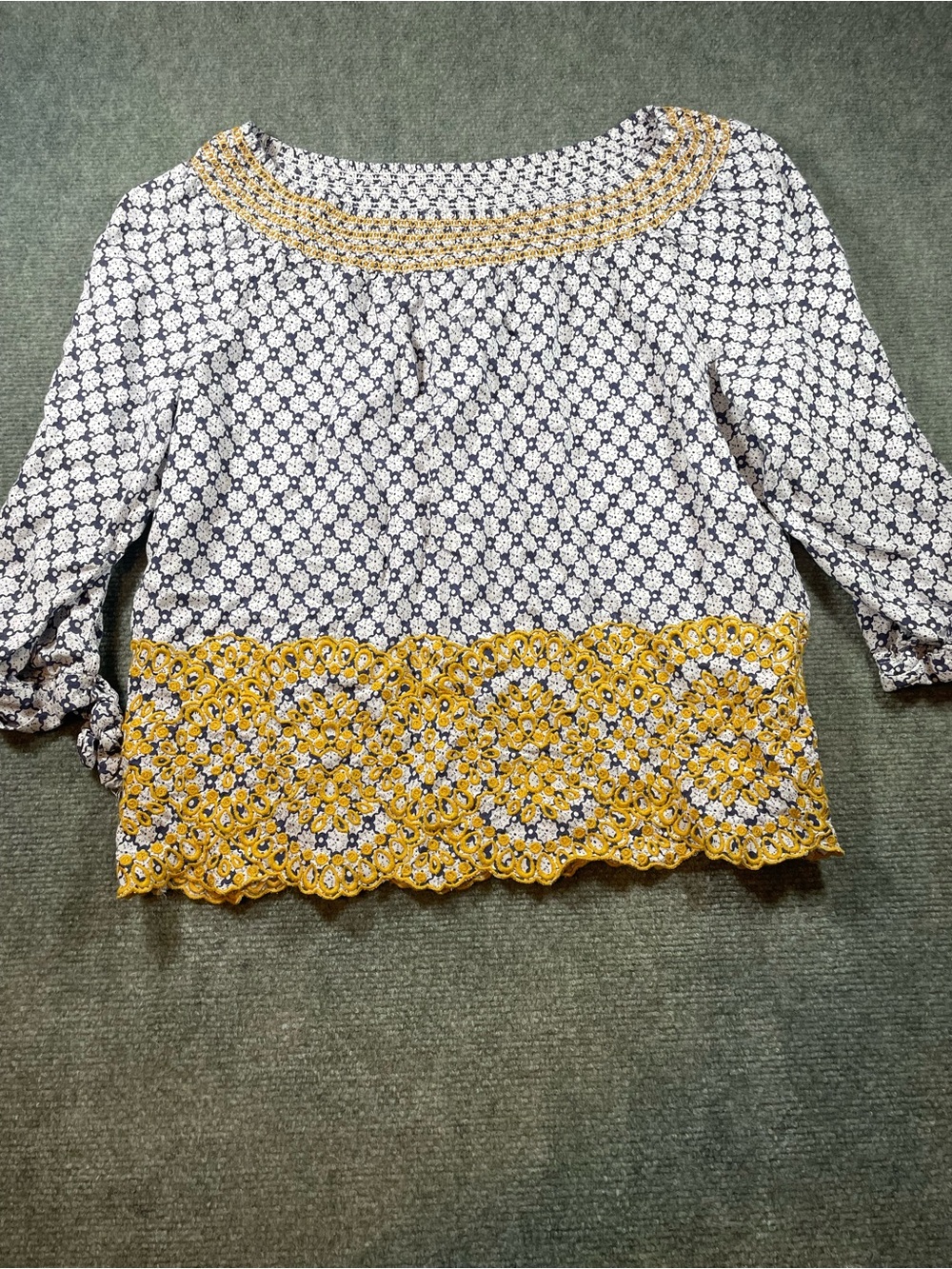 Fever Navy and Yellow Crochet Trim peasant Blouse